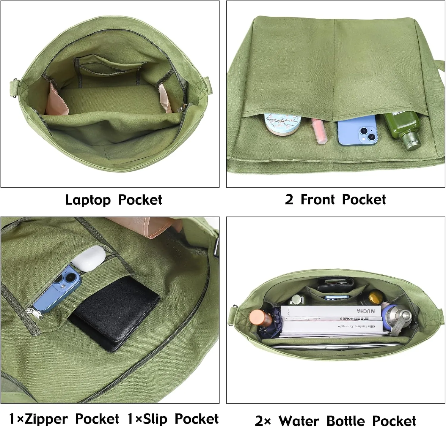 Canvas Crossbody Bag Shoulder Message Bag Large Hobo Tote Bag for Women and Men Work College Bag with Computer Compartment