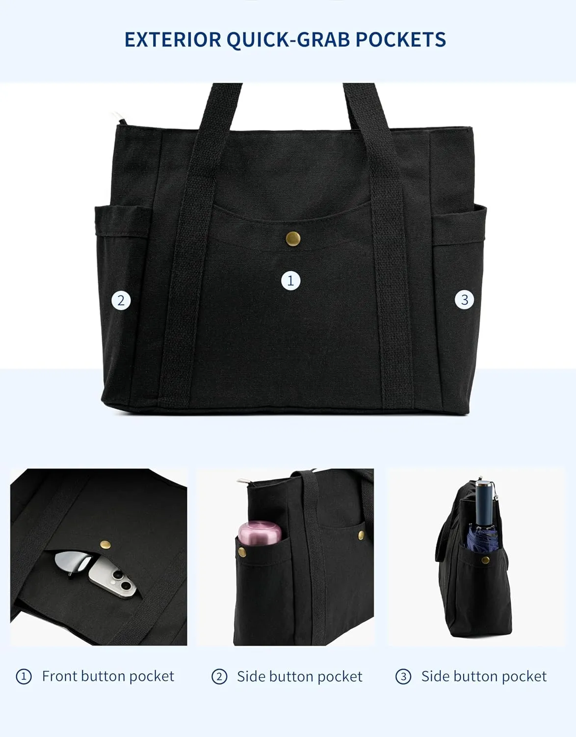 Canvas Tote Bag with Zipper, Multiple Pockets for Daily Essentials, Travel, Work