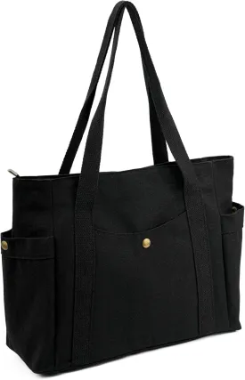Canvas Tote Bag with Zipper, Multiple Pockets for Daily Essentials, Travel, Work