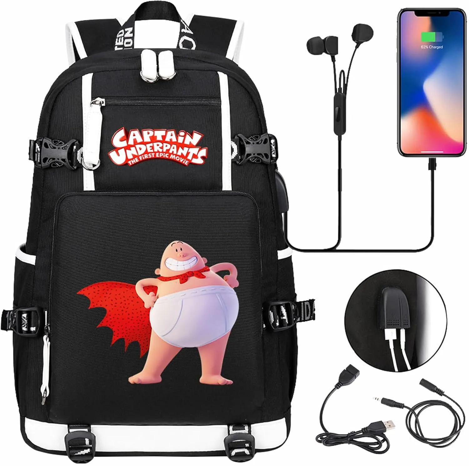 Captain Underpants Casual Bookbag Lightweight Sturdy Travel Knapsack Multi-pocket USB Bagpack for Outdoors,Hiking