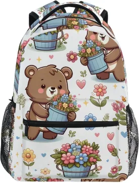 Cartoon Bear and Flower Bucket Backpack for Women Mens Girls Boys Teens, School Backpacks Students Laptop Bookbag Rucksack Casual Daypack for Hiking Traveling Camping Work