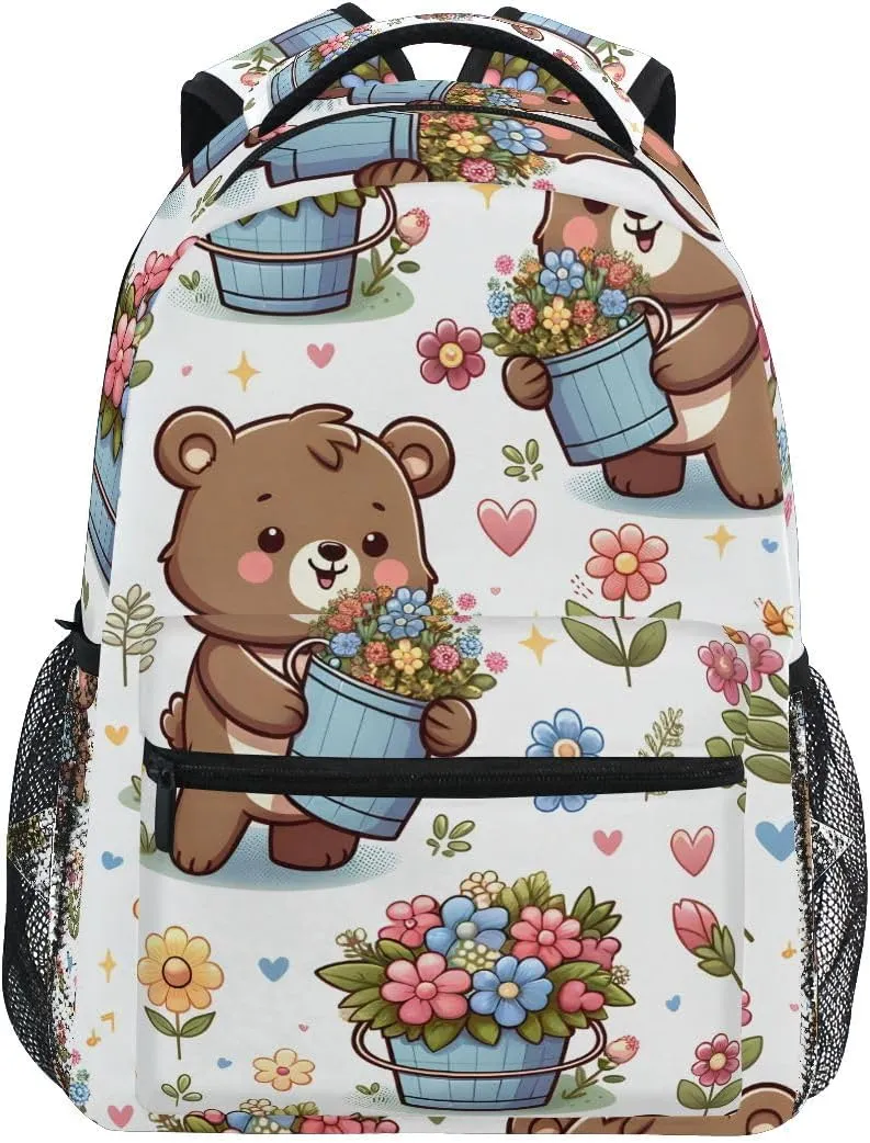 Cartoon Bear and Flower Bucket Backpack for Women Mens Girls Boys Teens, School Backpacks Students Laptop Bookbag Rucksack Casual Daypack for Hiking Traveling Camping Work