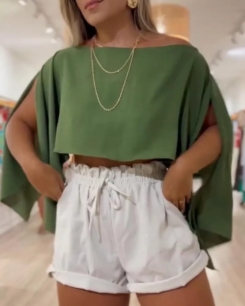 CHICME Womens Off The Shoulder Flowy Tops Casual Batwing Slit Sleeve Blouse Loose Shirt with Bandeau Top