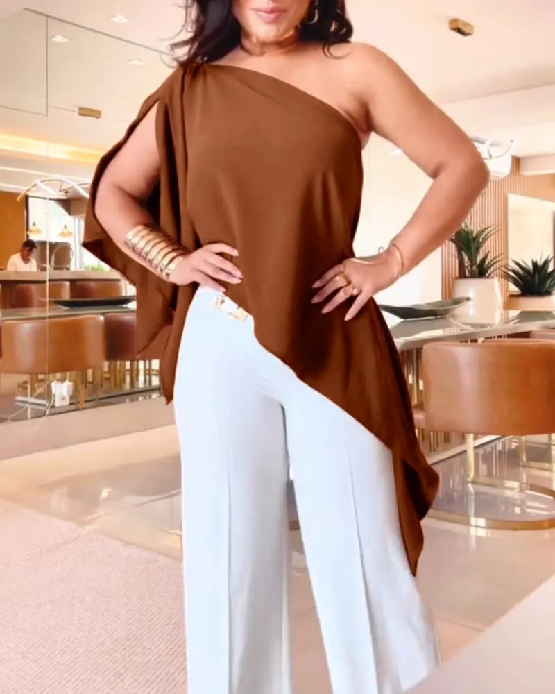 CHICME Womens Off The Shoulder Flowy Tops Casual Batwing Slit Sleeve Blouse Loose Shirt with Bandeau Top