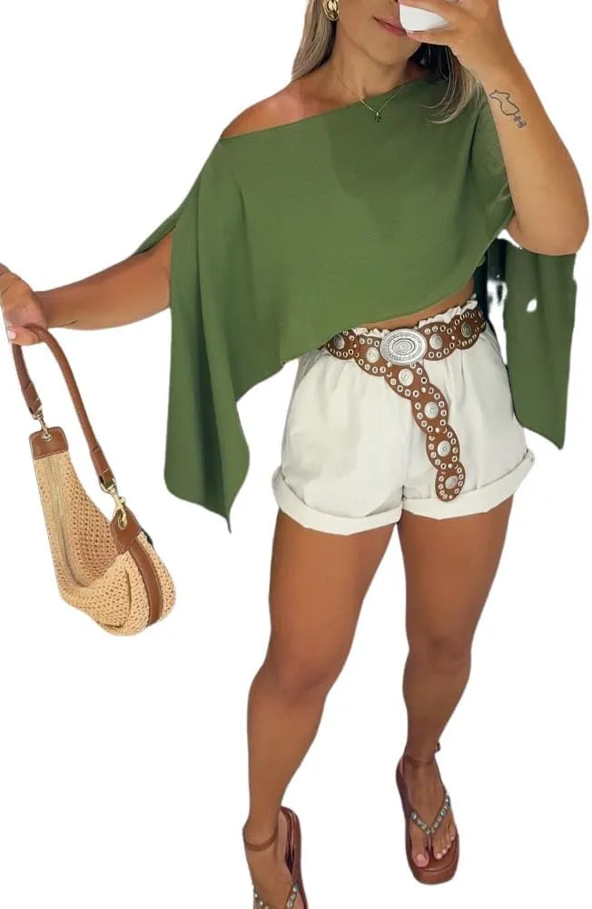 CHICME Womens Off The Shoulder Flowy Tops Casual Batwing Slit Sleeve Blouse Loose Shirt with Bandeau Top