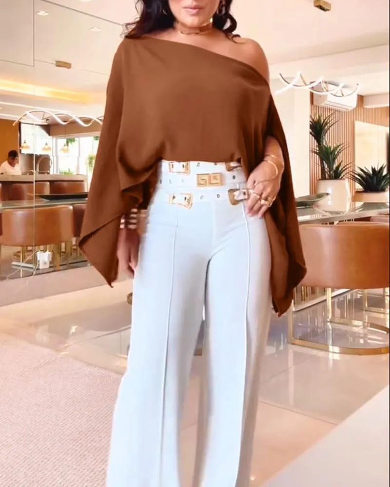 CHICME Womens Off The Shoulder Flowy Tops Casual Batwing Slit Sleeve Blouse Loose Shirt with Bandeau Top