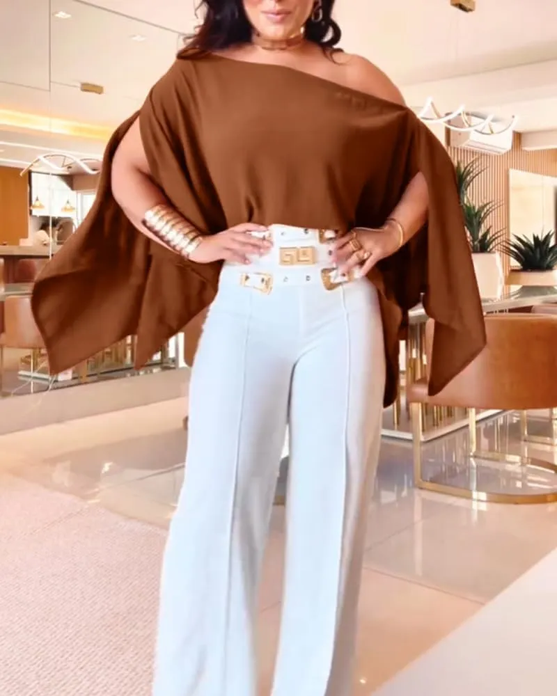 CHICME Womens Off The Shoulder Flowy Tops Casual Batwing Slit Sleeve Blouse Loose Shirt with Bandeau Top