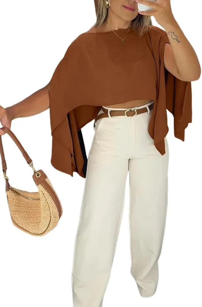 CHICME Womens Off The Shoulder Flowy Tops Casual Batwing Slit Sleeve Blouse Loose Shirt with Bandeau Top