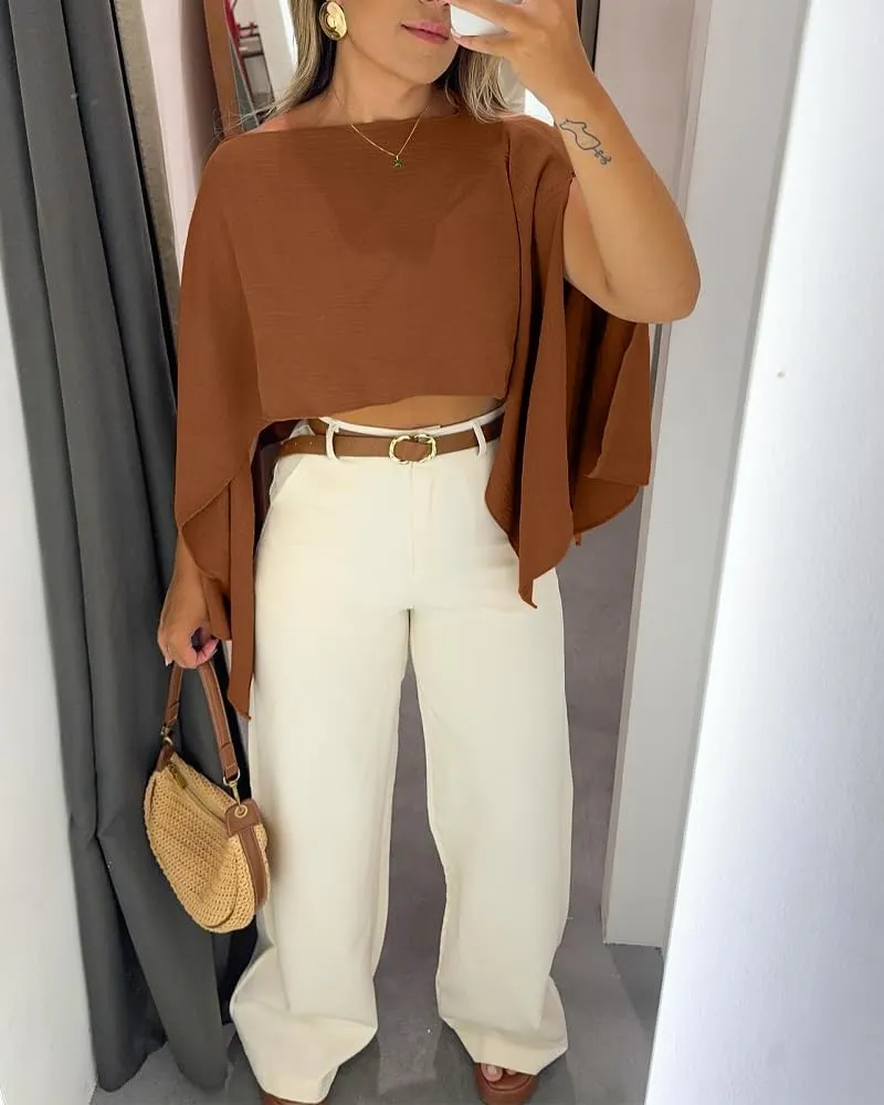 CHICME Womens Off The Shoulder Flowy Tops Casual Batwing Slit Sleeve Blouse Loose Shirt with Bandeau Top