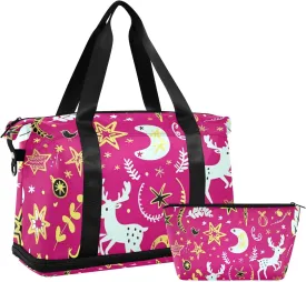 Christmas Gold Peach Deer Gym Bag Carry On Weekend Bag with Toiletry Bag for Hiking Foldable