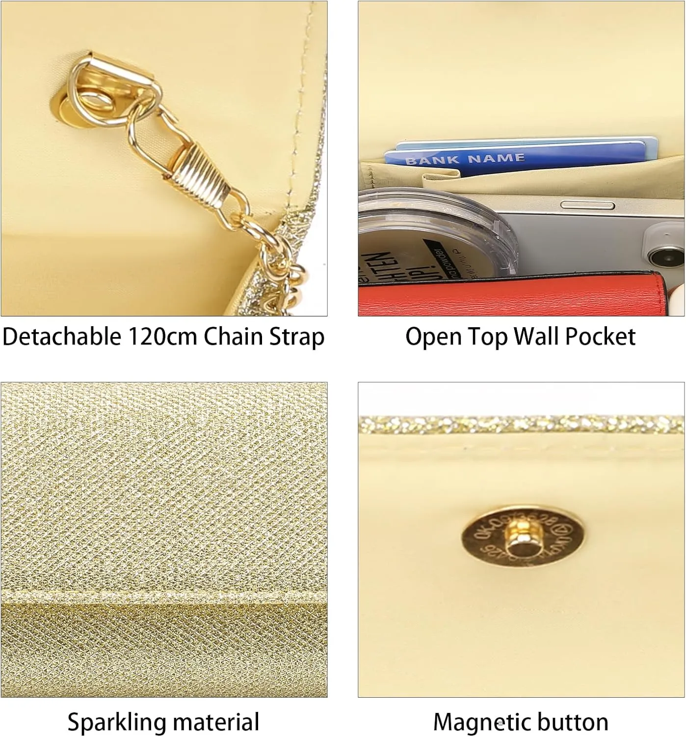 Clutch Purses for Women, Evening Bag with Detachable Chain Ladies Sparkling Party Handbag Wedding Bags
