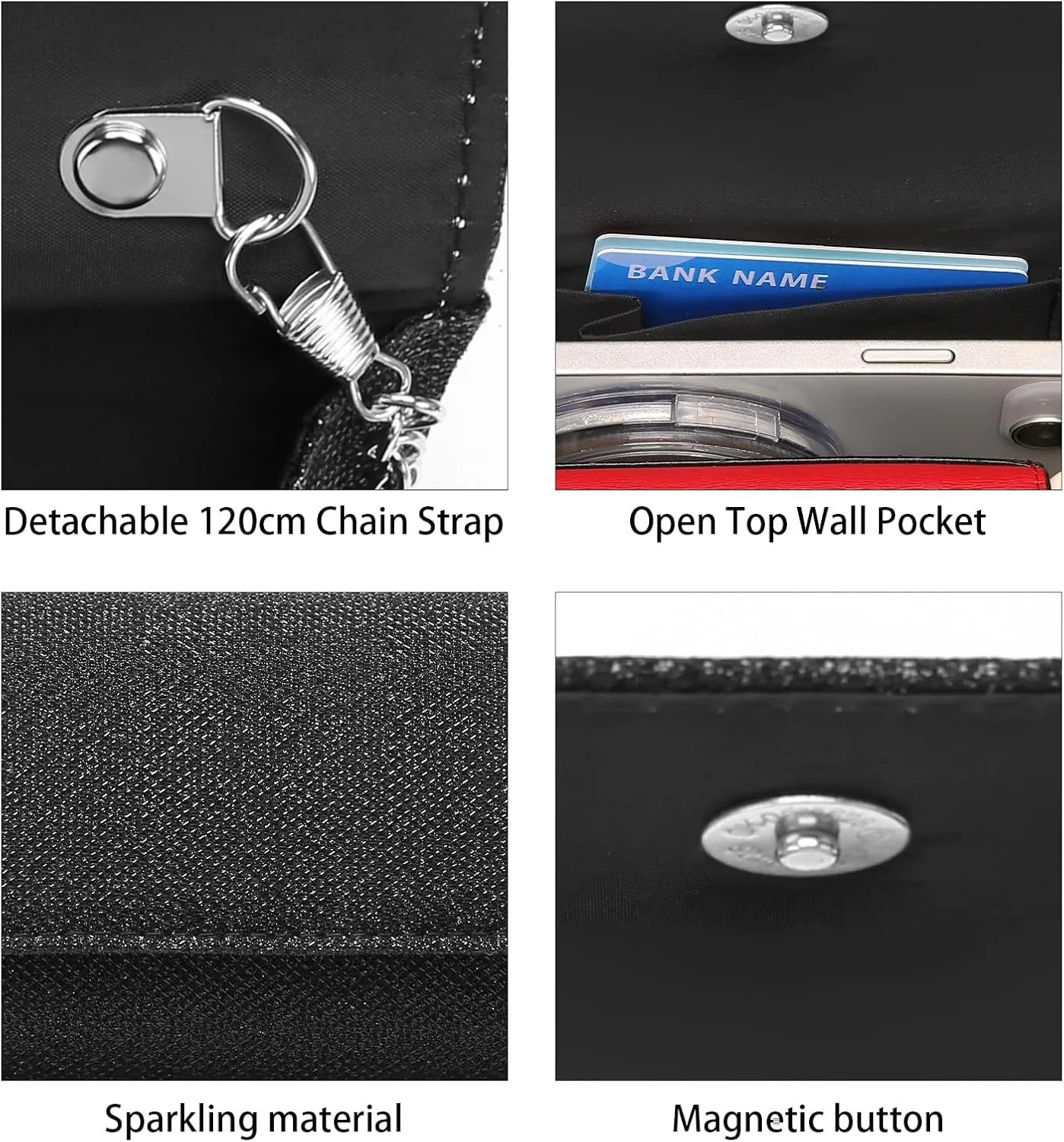 Clutch Purses for Women, Evening Bag with Detachable Chain Ladies Sparkling Party Handbag Wedding Bags