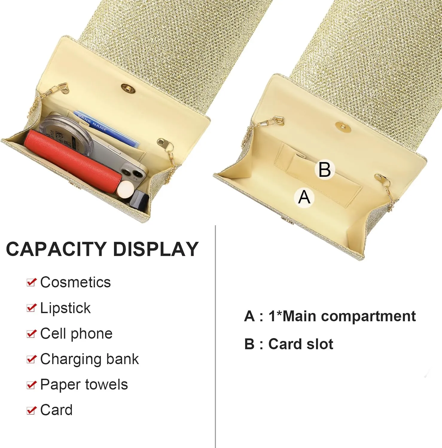 Clutch Purses for Women, Evening Bag with Detachable Chain Ladies Sparkling Party Handbag Wedding Bags