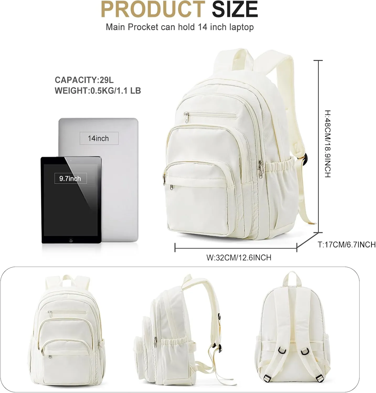 College Backpack for Women & Men, Lightweight Daypack with Lots of Pockets, Cute Bookbag for Teens & Boys, Casual School Backpack (Beige)