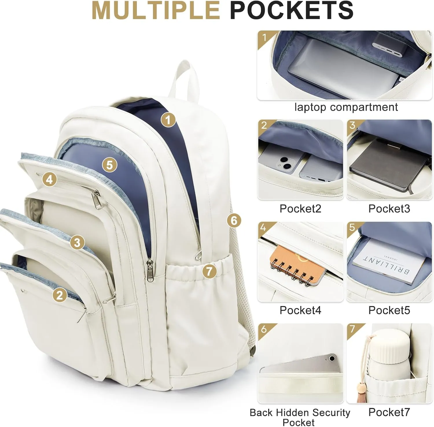 College Backpack for Women & Men, Lightweight Daypack with Lots of Pockets, Cute Bookbag for Teens & Boys, Casual School Backpack (Beige)