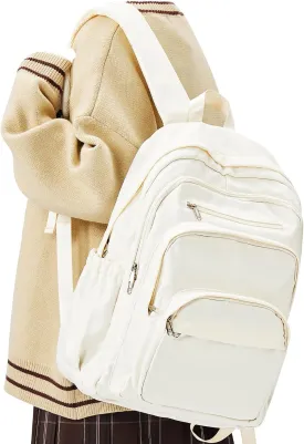 College Backpack for Women & Men, Lightweight Daypack with Lots of Pockets, Cute Bookbag for Teens & Boys, Casual School Backpack (Beige)