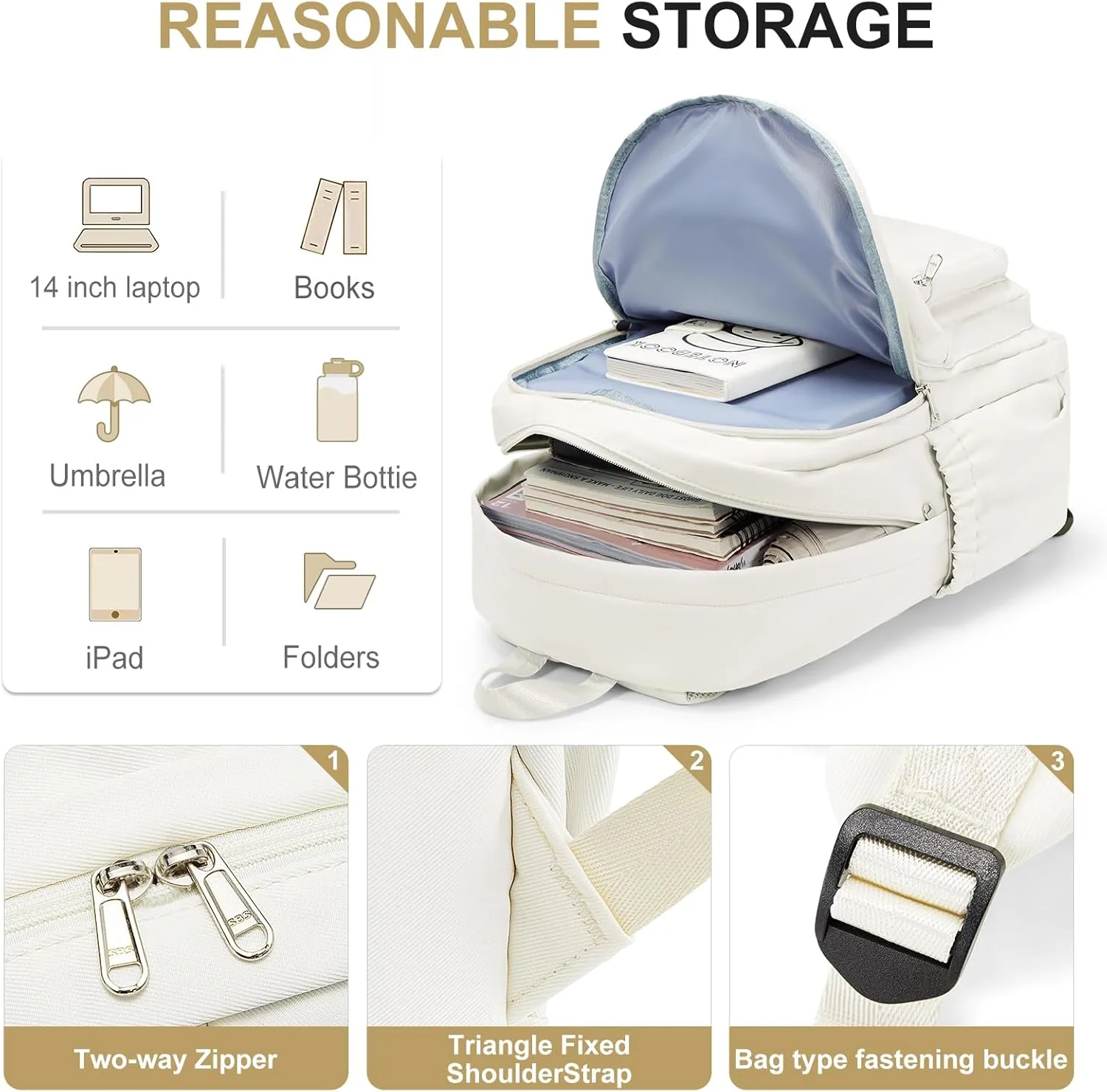 College Backpack for Women & Men, Lightweight Daypack with Lots of Pockets, Cute Bookbag for Teens & Boys, Casual School Backpack (Beige)