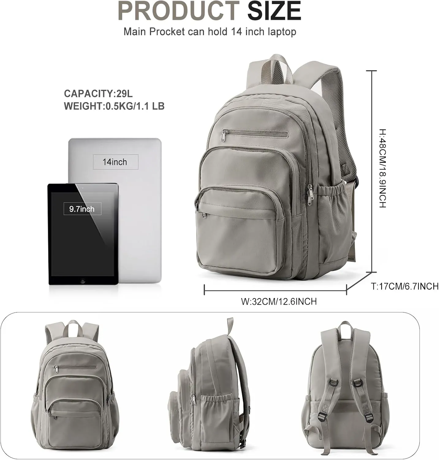 College Backpack for Women Men, Lightweight High School Bag With Lots of Pockets, Cute Bookbag for Teens Boys Girls, Casual Daypack (Gray Brown)