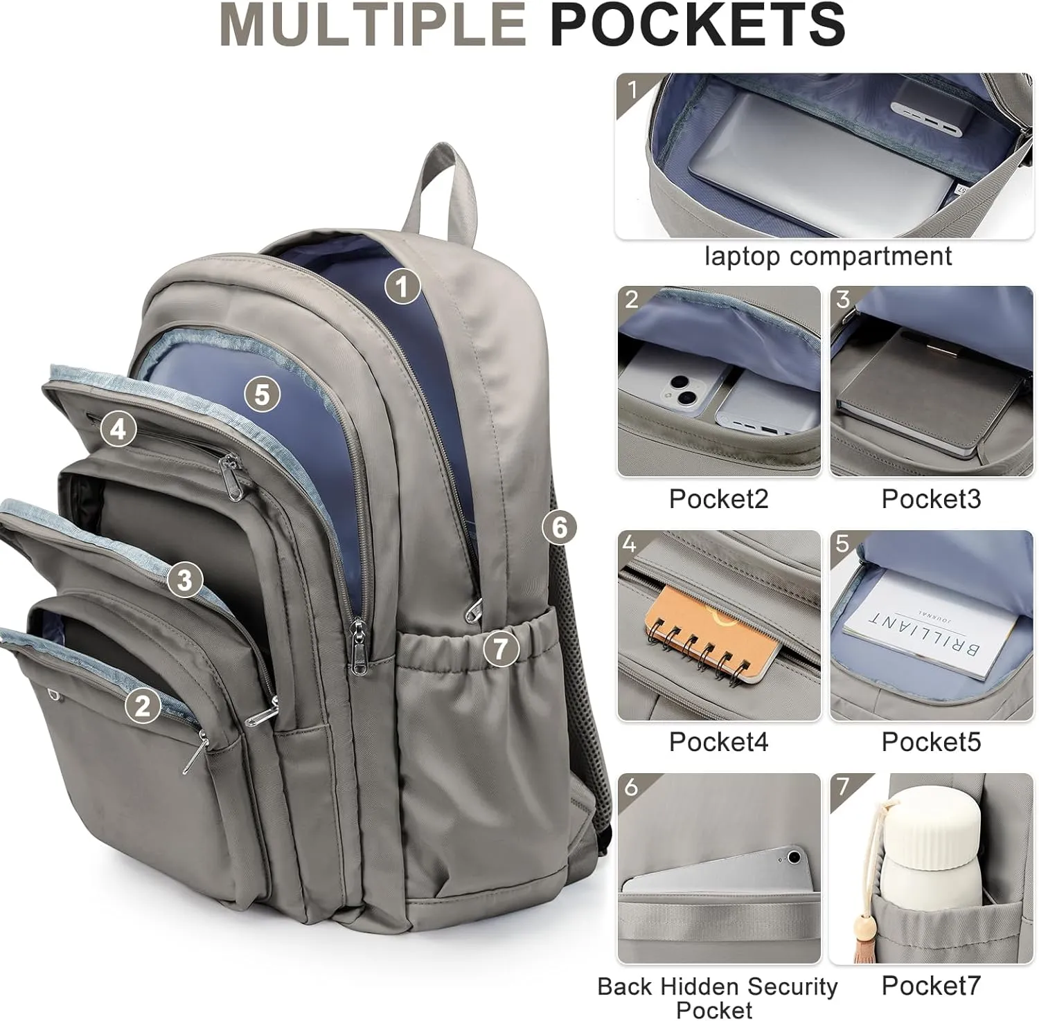 College Backpack for Women Men, Lightweight High School Bag With Lots of Pockets, Cute Bookbag for Teens Boys Girls, Casual Daypack (Gray Brown)