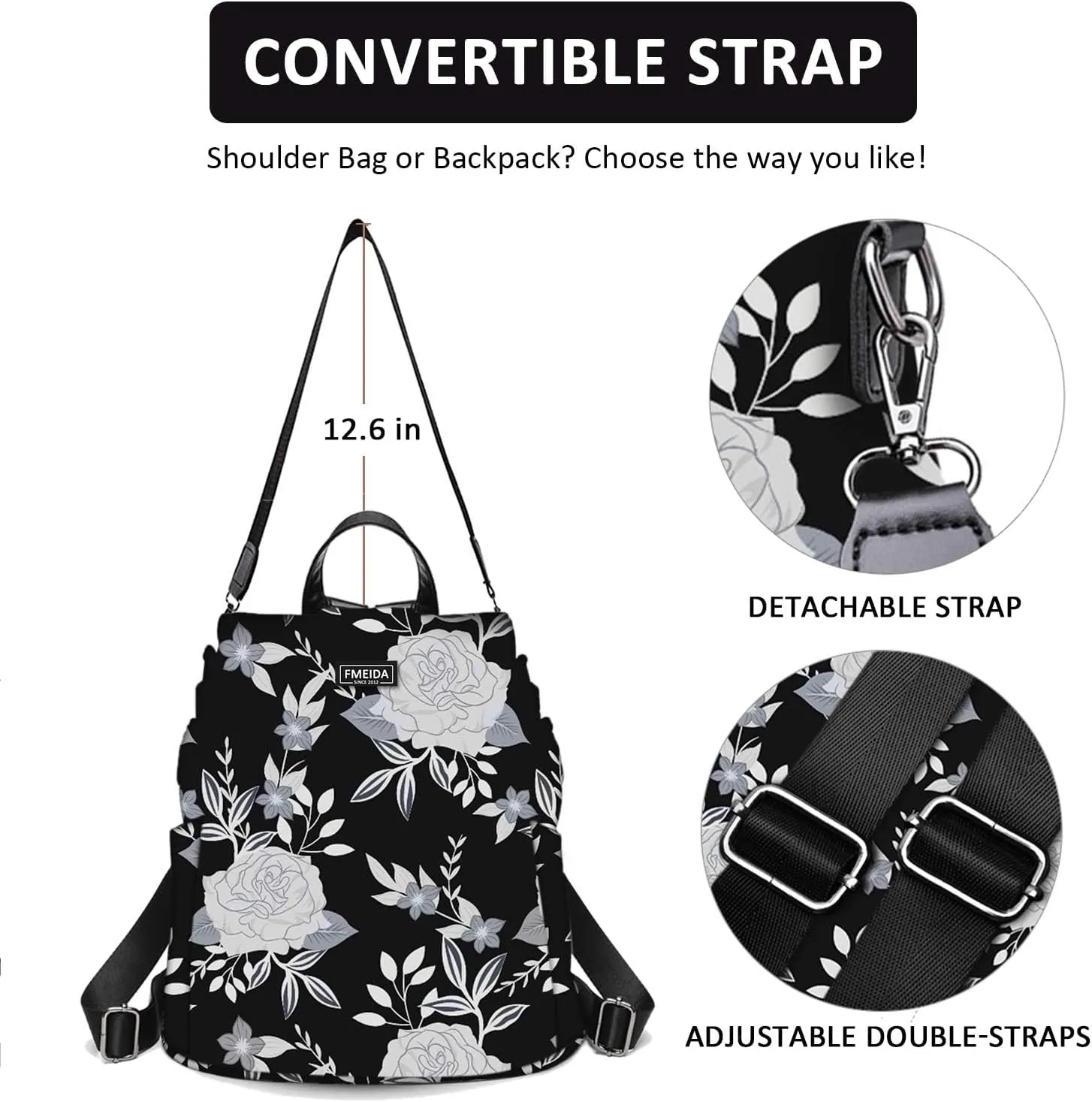 College Backpack Nylon Backpack Purse for Women Anti Theft Travel Backpacks Waterproof Crossbody Bag Convertible Backpack Fashion Book Bags Shoulder Bag Flower Mochilas de mujer 13"x5.9"x13.9"