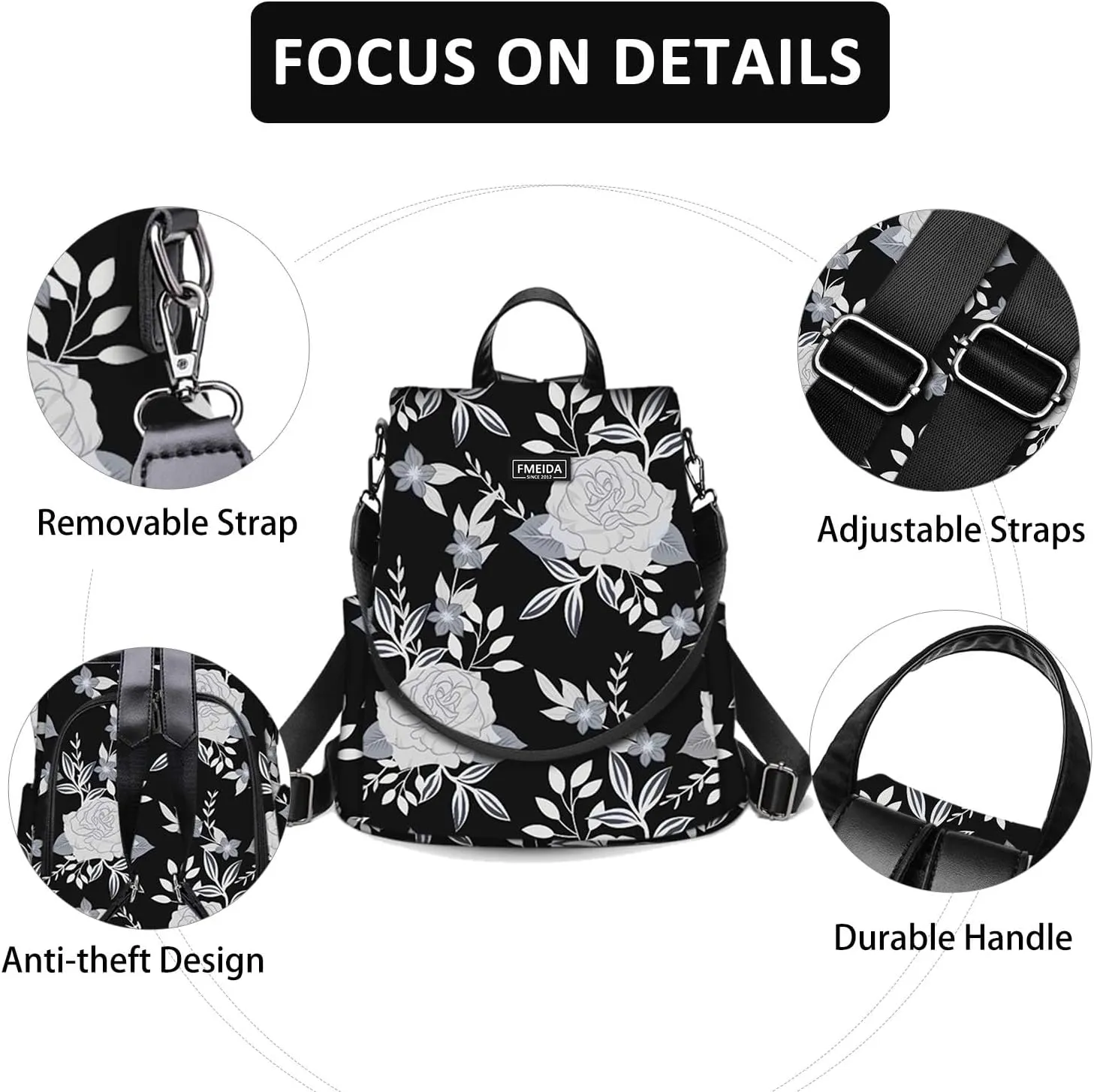 College Backpack Nylon Backpack Purse for Women Anti Theft Travel Backpacks Waterproof Crossbody Bag Convertible Backpack Fashion Book Bags Shoulder Bag Flower Mochilas de mujer 13"x5.9"x13.9"