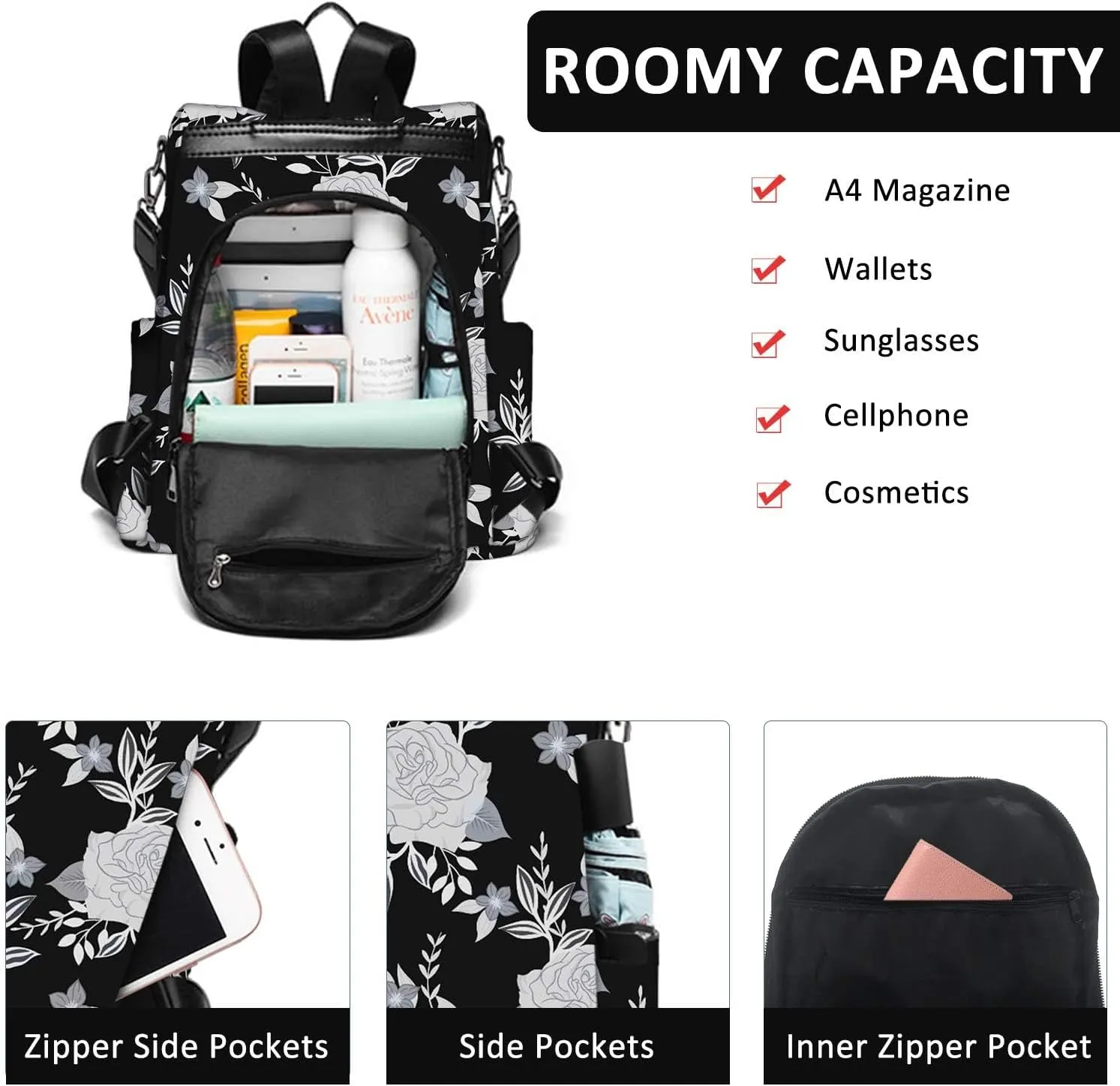 College Backpack Nylon Backpack Purse for Women Anti Theft Travel Backpacks Waterproof Crossbody Bag Convertible Backpack Fashion Book Bags Shoulder Bag Flower Mochilas de mujer 13"x5.9"x13.9"