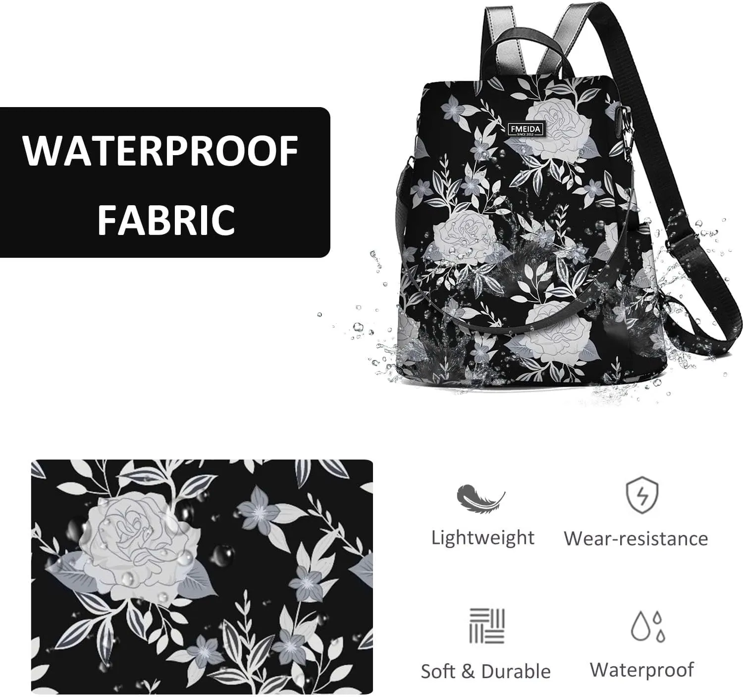 College Backpack Nylon Backpack Purse for Women Anti Theft Travel Backpacks Waterproof Crossbody Bag Convertible Backpack Fashion Book Bags Shoulder Bag Flower Mochilas de mujer 13"x5.9"x13.9"