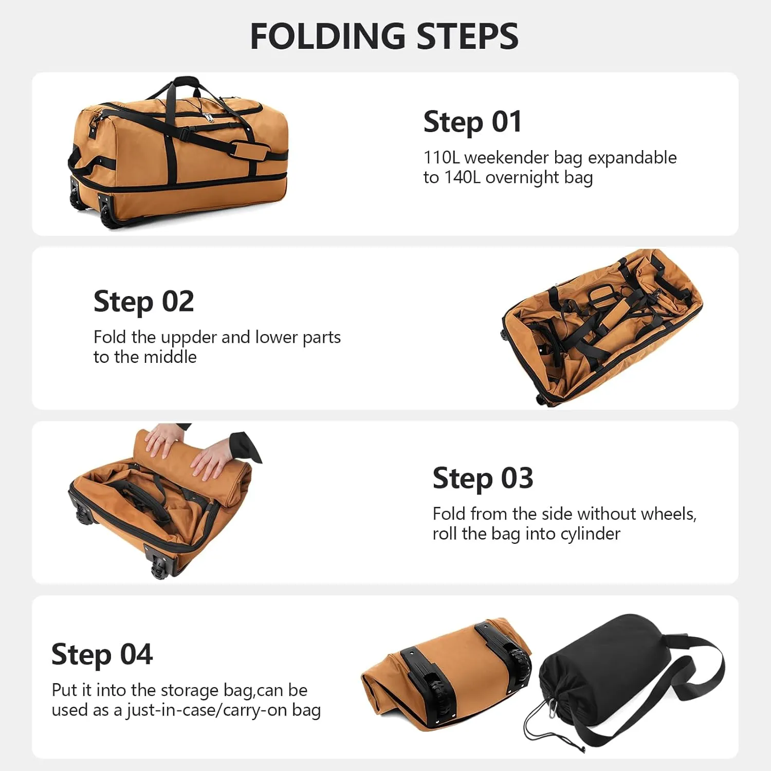 CONTAIL 32" Soft-Sided Rolling Duffle Bag with 2 Wheels,Expandable from 110L to 140L,Foldable Travel Duffel with Multiple Compartments,Brown