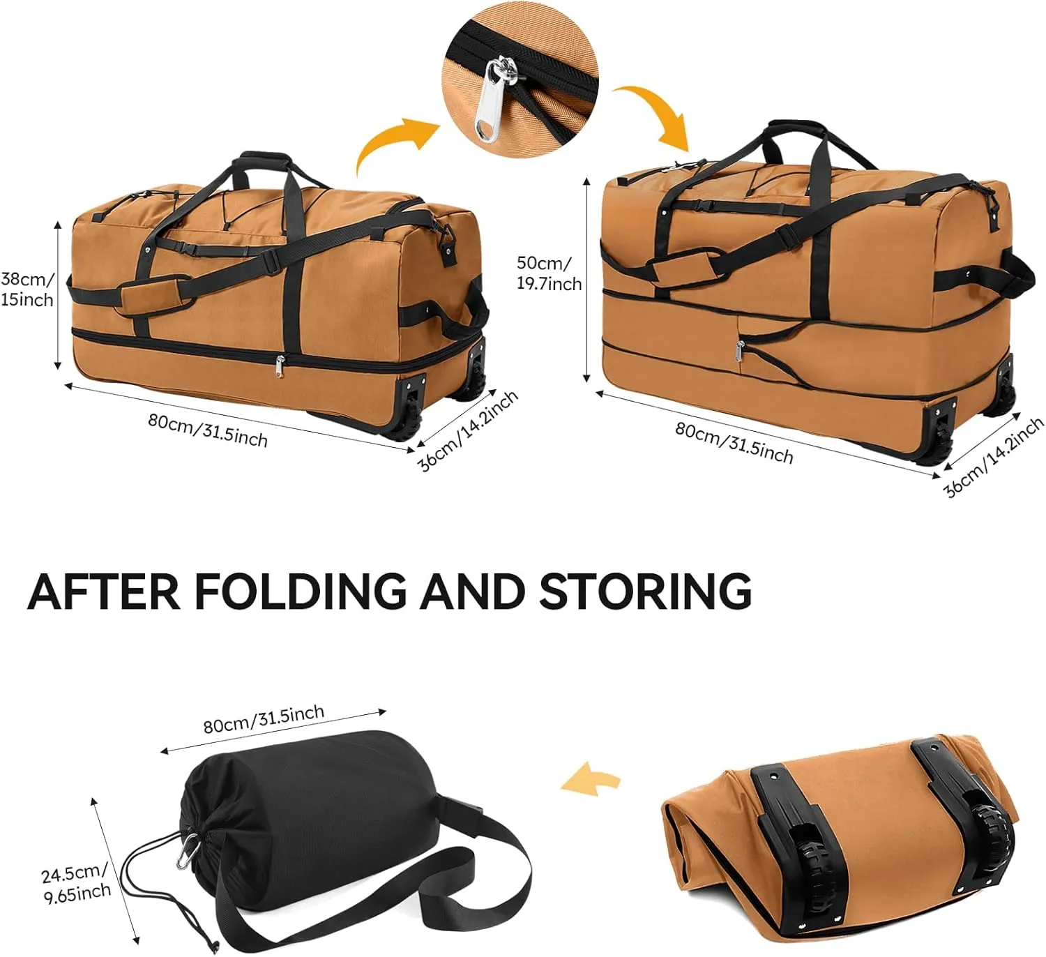 CONTAIL 32" Soft-Sided Rolling Duffle Bag with 2 Wheels,Expandable from 110L to 140L,Foldable Travel Duffel with Multiple Compartments,Brown