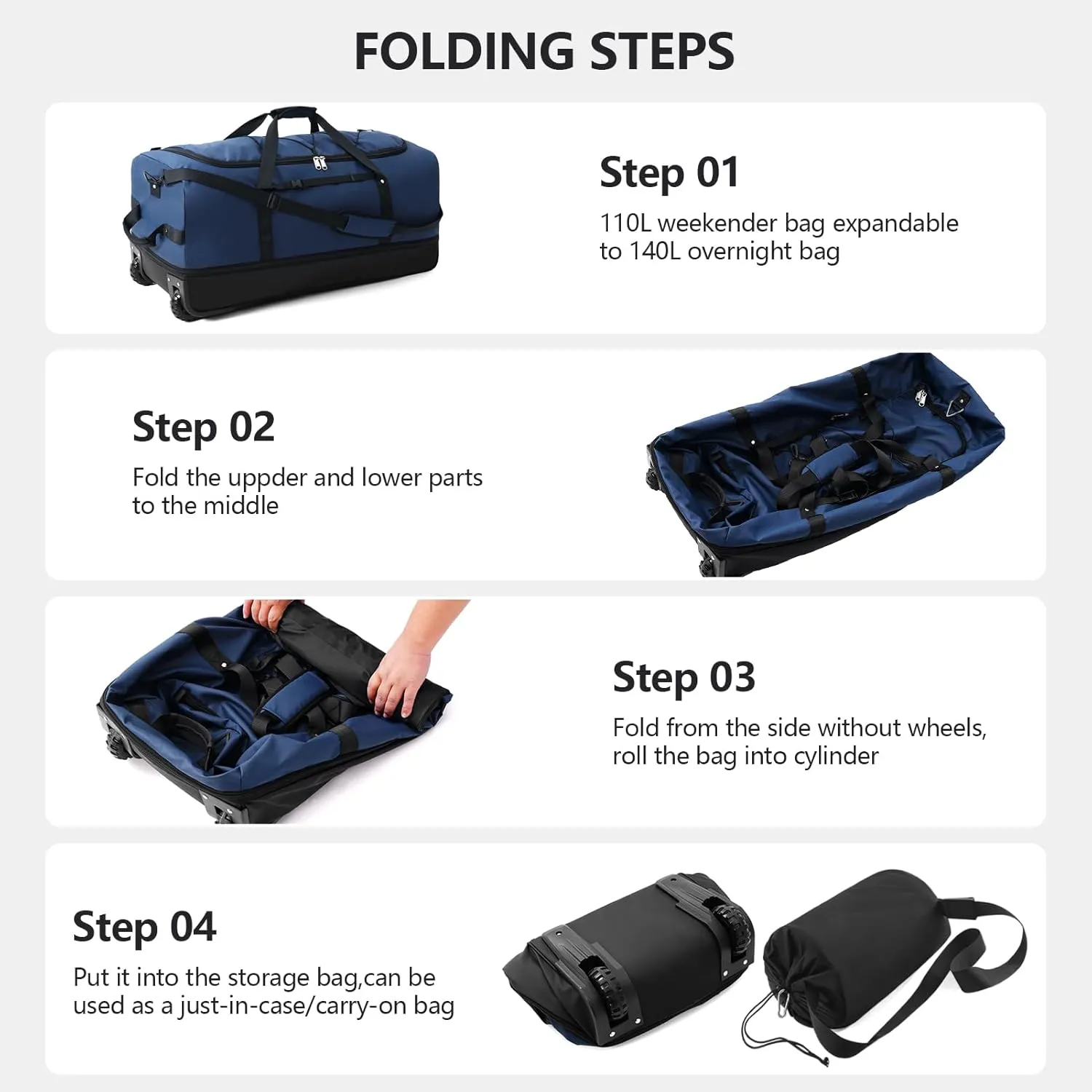 CONTAIL 32" Soft-Sided Rolling Duffle Bag with 2 Wheels,Expandable from 110L to 140L,Foldable Travel Duffel with Multiple Compartments,Navy