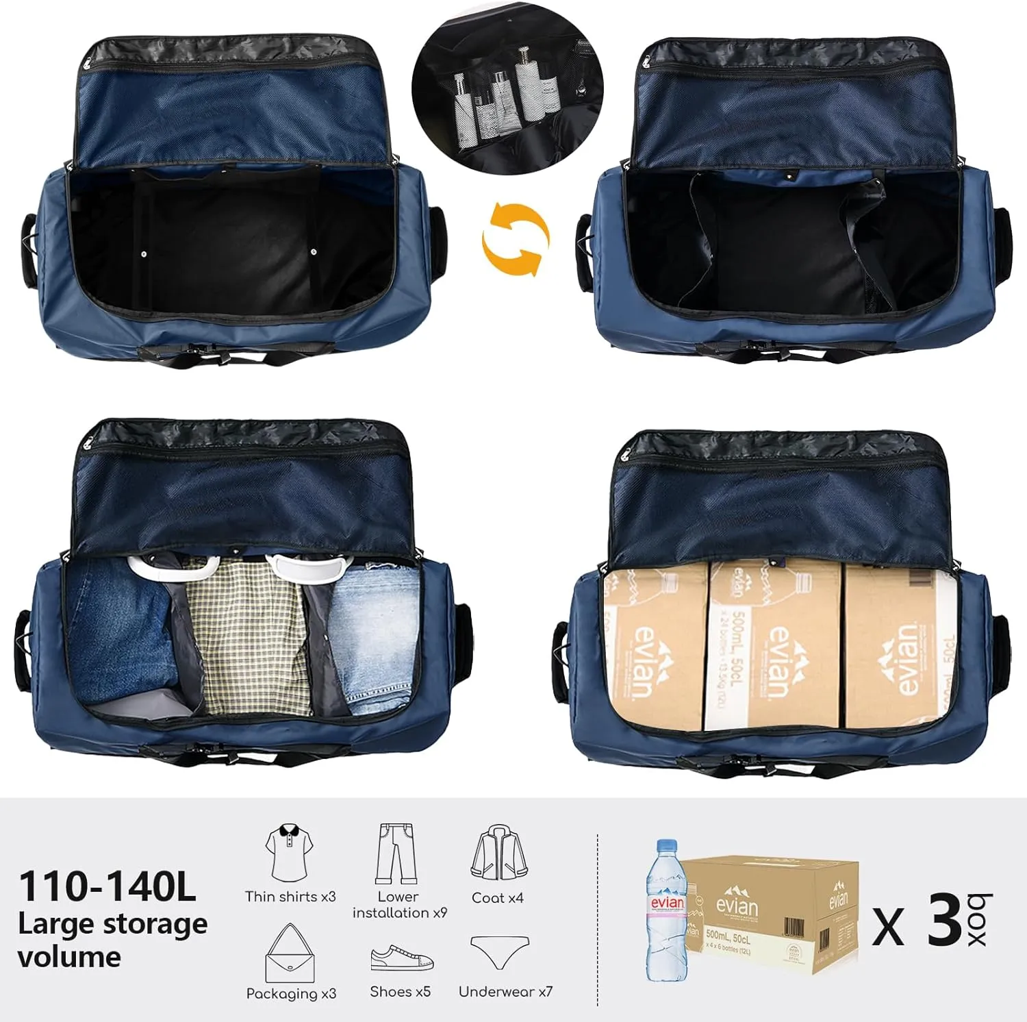 CONTAIL 32" Soft-Sided Rolling Duffle Bag with 2 Wheels,Expandable from 110L to 140L,Foldable Travel Duffel with Multiple Compartments,Navy