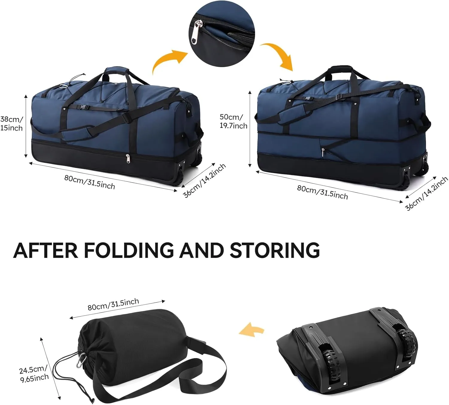CONTAIL 32" Soft-Sided Rolling Duffle Bag with 2 Wheels,Expandable from 110L to 140L,Foldable Travel Duffel with Multiple Compartments,Navy