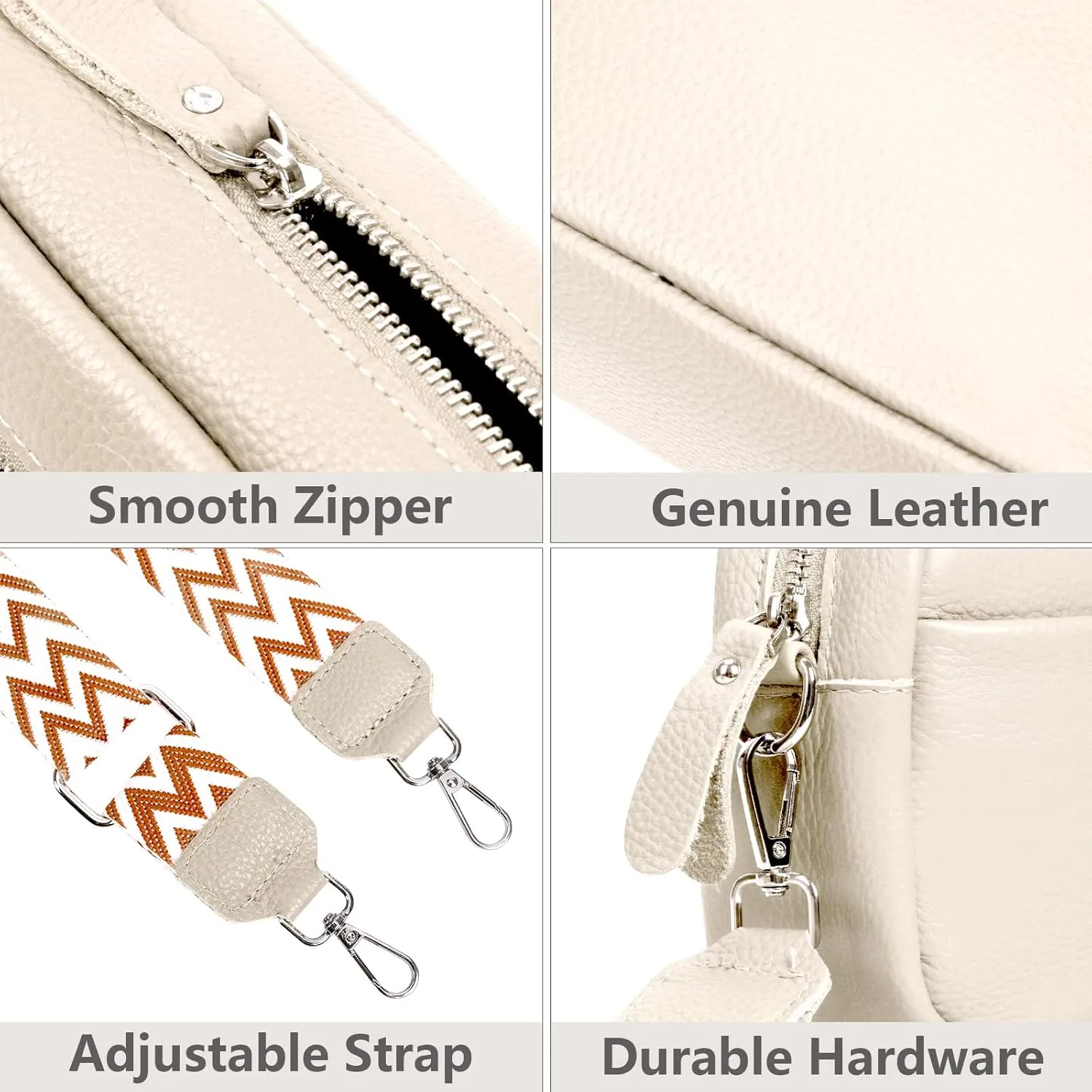 Crossbody Bag for Women Genuine Leather Wide Strap Shoulder Bag Purse Trendy Design Camera Crossbody Purse Top Zip