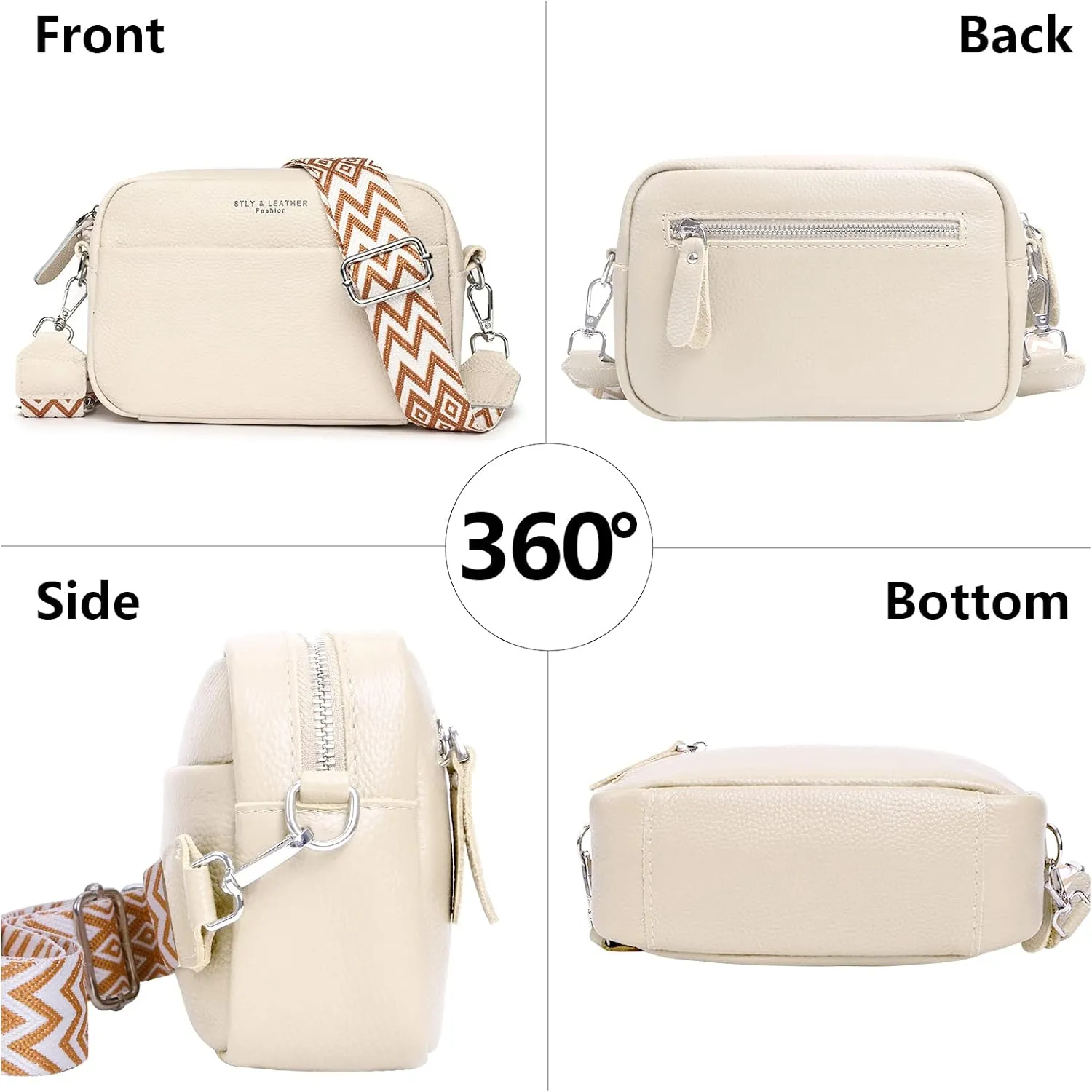 Crossbody Bag for Women Genuine Leather Wide Strap Shoulder Bag Purse Trendy Design Camera Crossbody Purse Top Zip