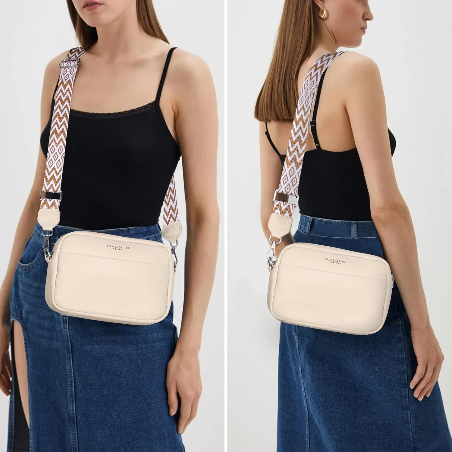 Crossbody Bag for Women Genuine Leather Wide Strap Shoulder Bag Purse Trendy Design Camera Crossbody Purse Top Zip