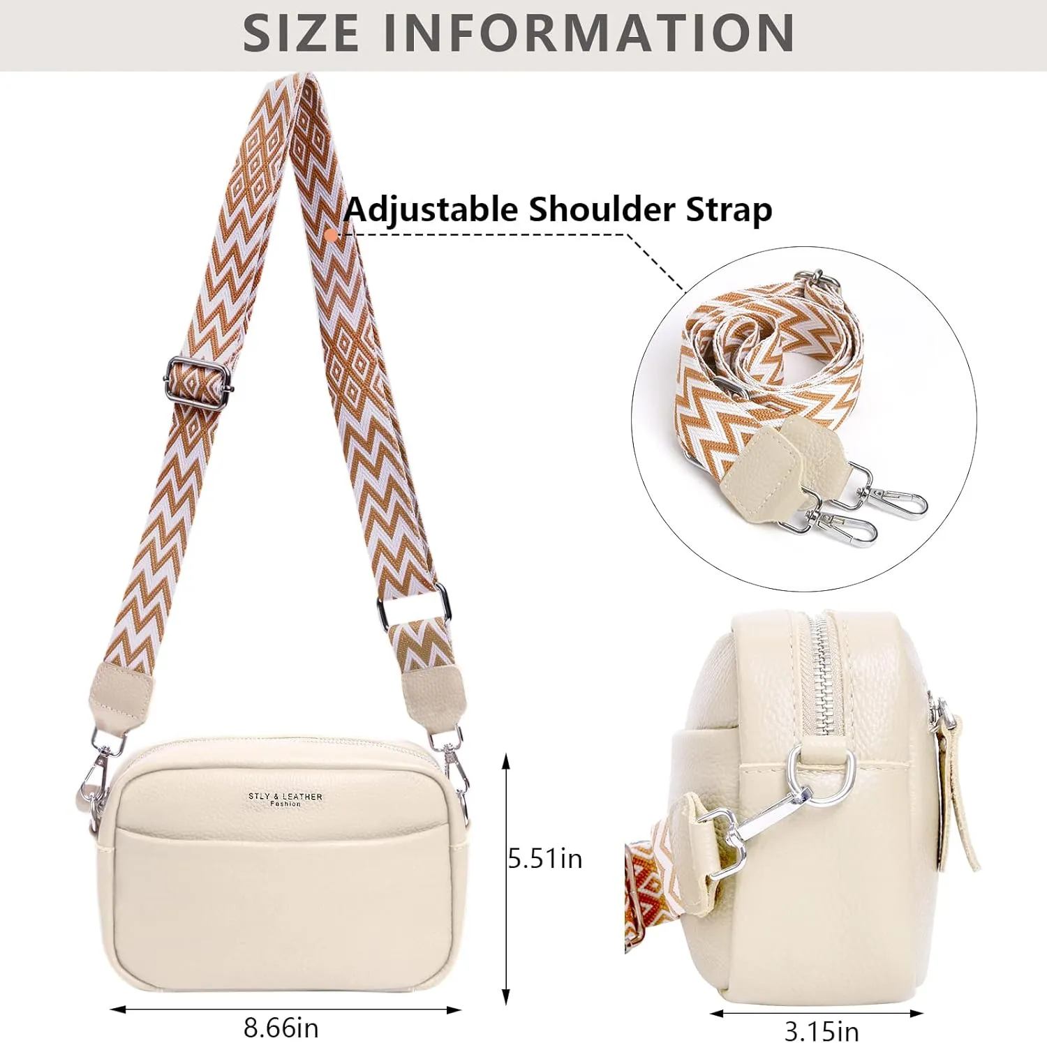 Crossbody Bag for Women Genuine Leather Wide Strap Shoulder Bag Purse Trendy Design Camera Crossbody Purse Top Zip