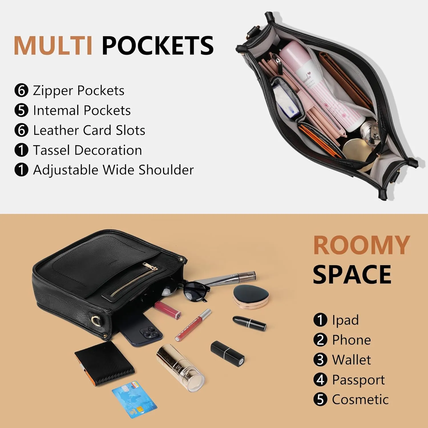 Crossbody Bags for Women 7-Pockets Purses for Women Vegan Leather Hobo Bag Shoulder Bag Handbags with Ajustable Strap
