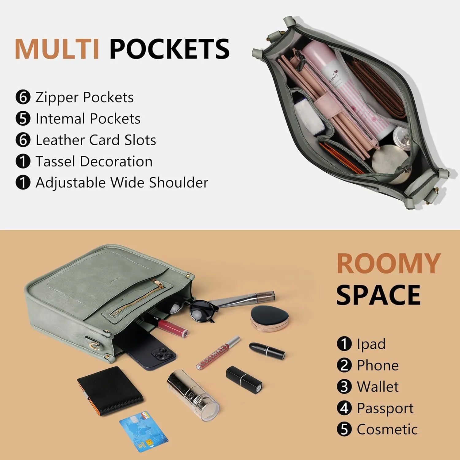 Crossbody Bags for Women 7-Pockets Purses for Women Vegan Leather Hobo Bag Shoulder Bag Handbags with Ajustable Strap