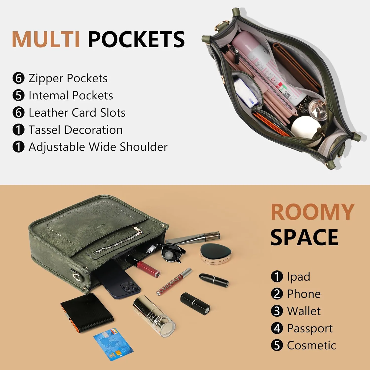 Crossbody Bags for Women 7-Pockets Purses for Women Vegan Leather Hobo Bag Shoulder Bag Handbags with Ajustable Strap