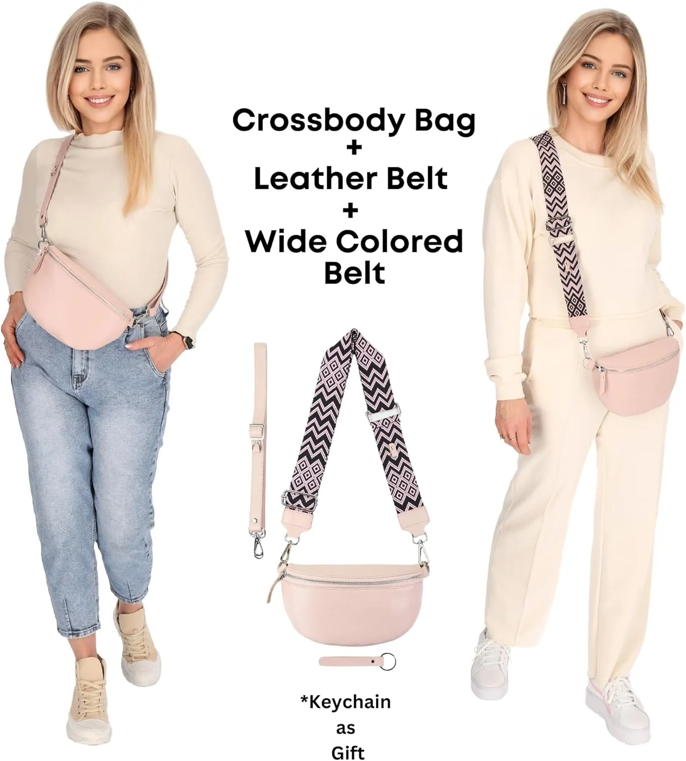 Crossbody Bags for Women Trendy, Genuine Leather Small Sling Bag, Fanny Packs with 2 Detachable Straps - Wide and Leather