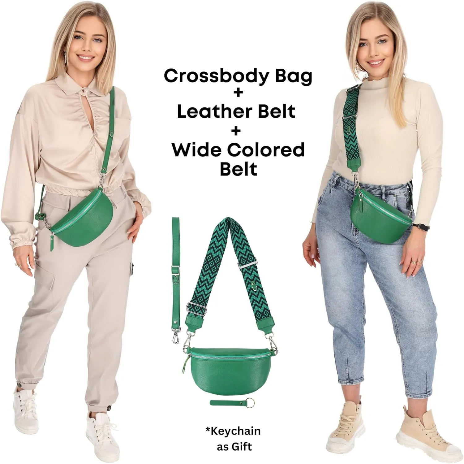 Crossbody Bags for Women Trendy, Genuine Leather Small Sling Bag, Fanny Packs with 2 Detachable Straps - Wide and Leather