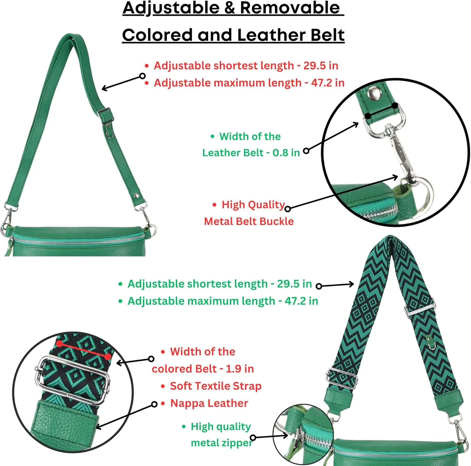 Crossbody Bags for Women Trendy, Genuine Leather Small Sling Bag, Fanny Packs with 2 Detachable Straps - Wide and Leather