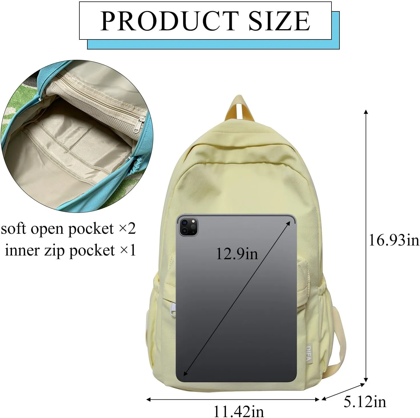 Cute Aesthetic Backpack Y2K Simple Solid Color Kawaii Backpacks Travel Laptop Backpack (Yellow)