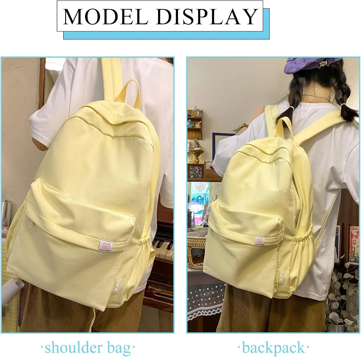 Cute Aesthetic Backpack Y2K Simple Solid Color Kawaii Backpacks Travel Laptop Backpack (Yellow)
