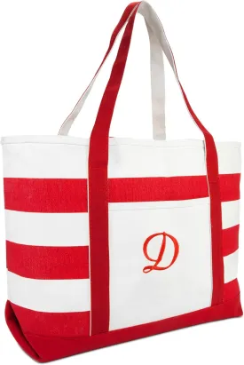 DALIX Beach Tote Bag Shoulder Bags Striped Monogrammed Red Ballent Letter A - Z