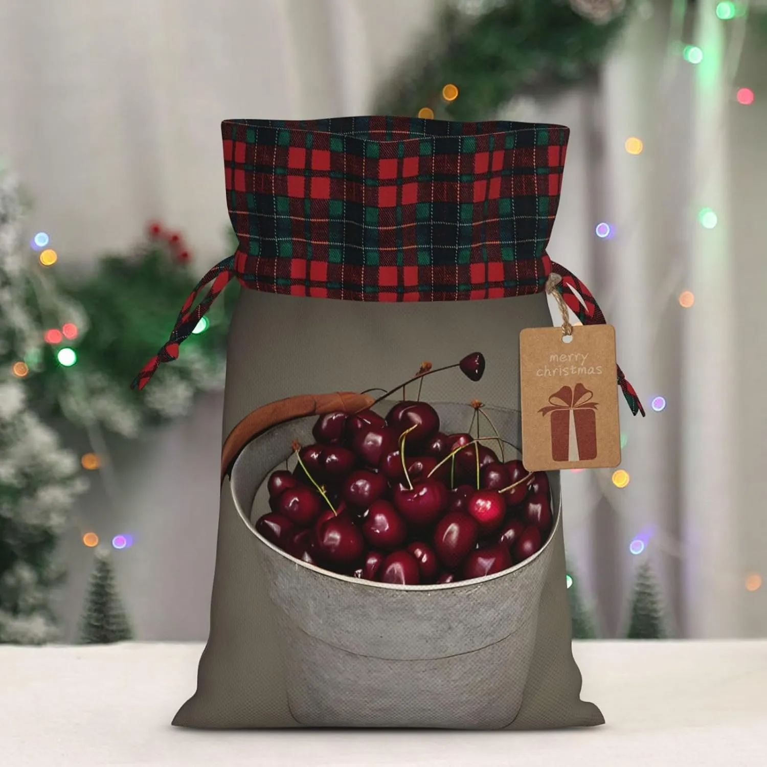 DRTGEDS Bucket With Full Of Cherries 1pcs Christmas Drawstring Tote 4.7x 6.9in,Robust Bag For Gifts And Everyday Used Essentials