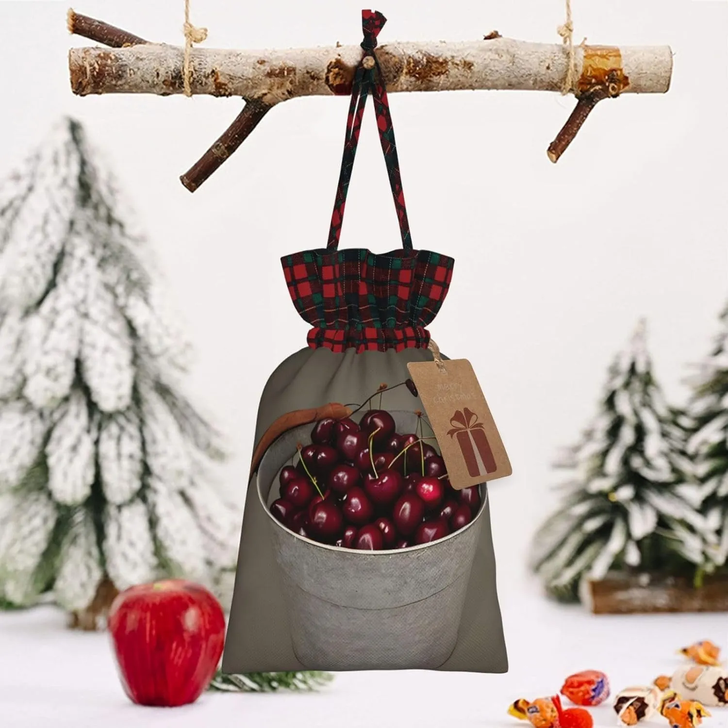 DRTGEDS Bucket With Full Of Cherries 1pcs Christmas Drawstring Tote 4.7x 6.9in,Robust Bag For Gifts And Everyday Used Essentials