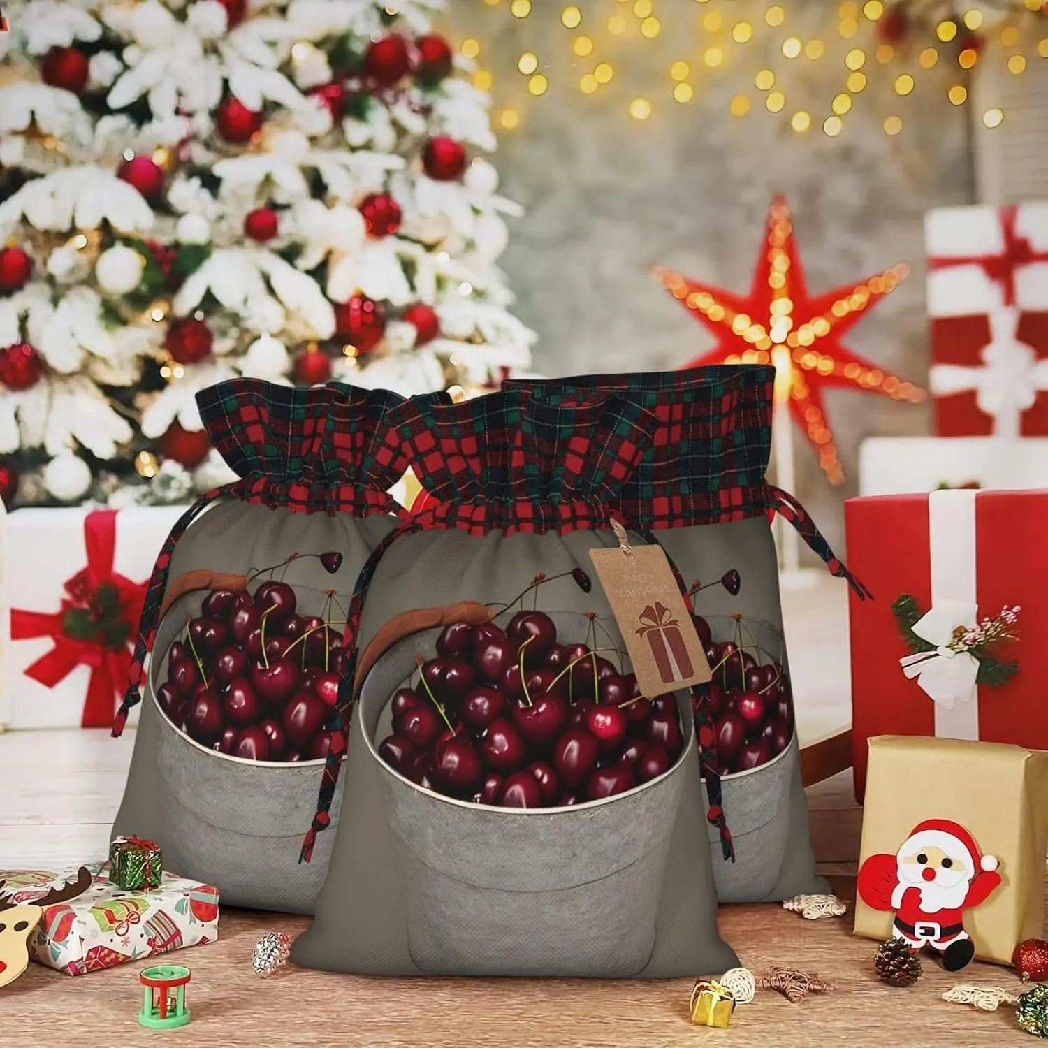 DRTGEDS Bucket With Full Of Cherries 1pcs Christmas Drawstring Tote 4.7x 6.9in,Robust Bag For Gifts And Everyday Used Essentials