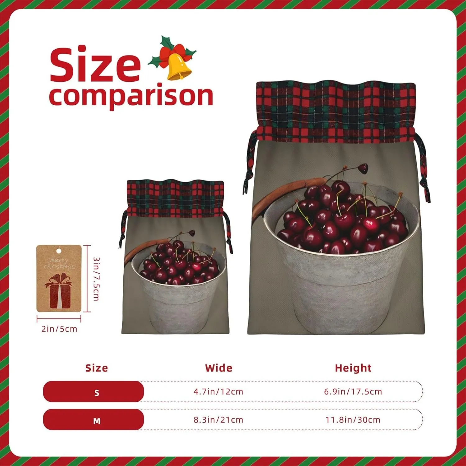 DRTGEDS Bucket With Full Of Cherries 1pcs Christmas Drawstring Tote 4.7x 6.9in,Robust Bag For Gifts And Everyday Used Essentials