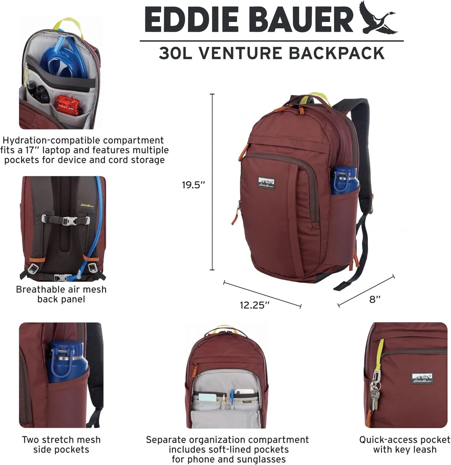 Eddie Bauer Venture Backpack with Organization Compartments and Hydration/Laptop Compatible Sleeve, Redwood/Antique Gold, 30L